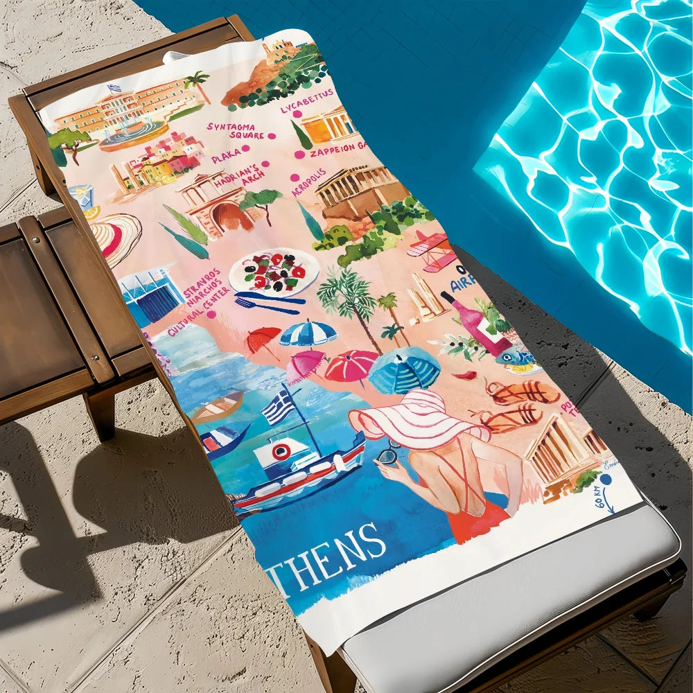 Map of Athens Quick-Dry Beach Towel | Travel, Pool & Gym Quick-Dry Beach Towel Peaceful Pleasures Health and Wellness z2 STJ70x140CM