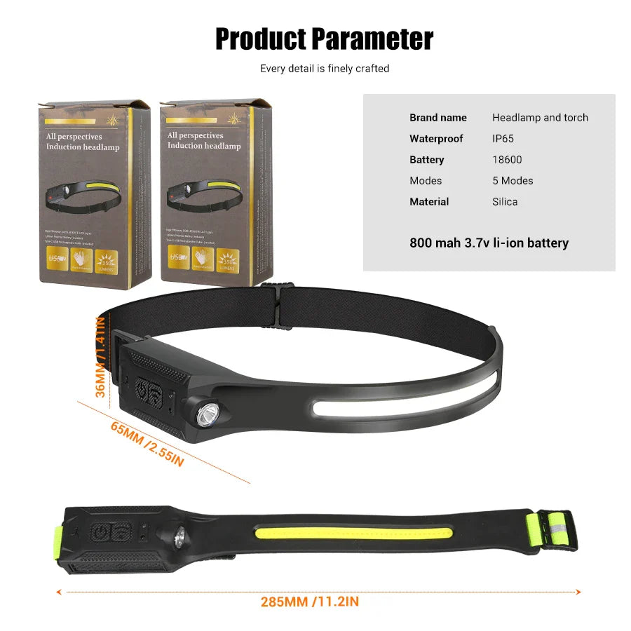 LED Sensor Headlamp | 5-Mode Rechargeable Head Torch | Camping