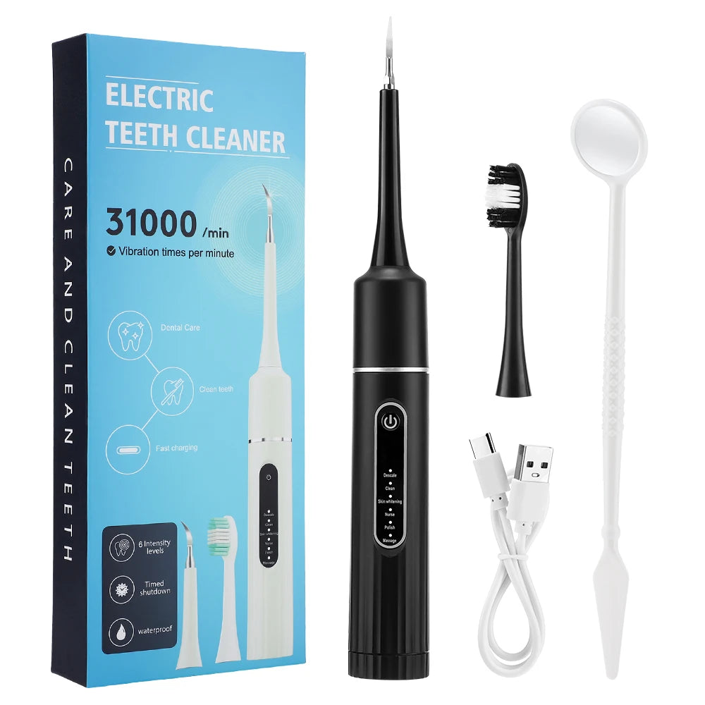 Electric Teeth Cleaner Remove Tartar Plaque Calculus and Tooth Stains Dental Teeth Whitening Kits With 6 Toothbrush Heads Home Peaceful Pleasures Health and Wellness 1 head Black
