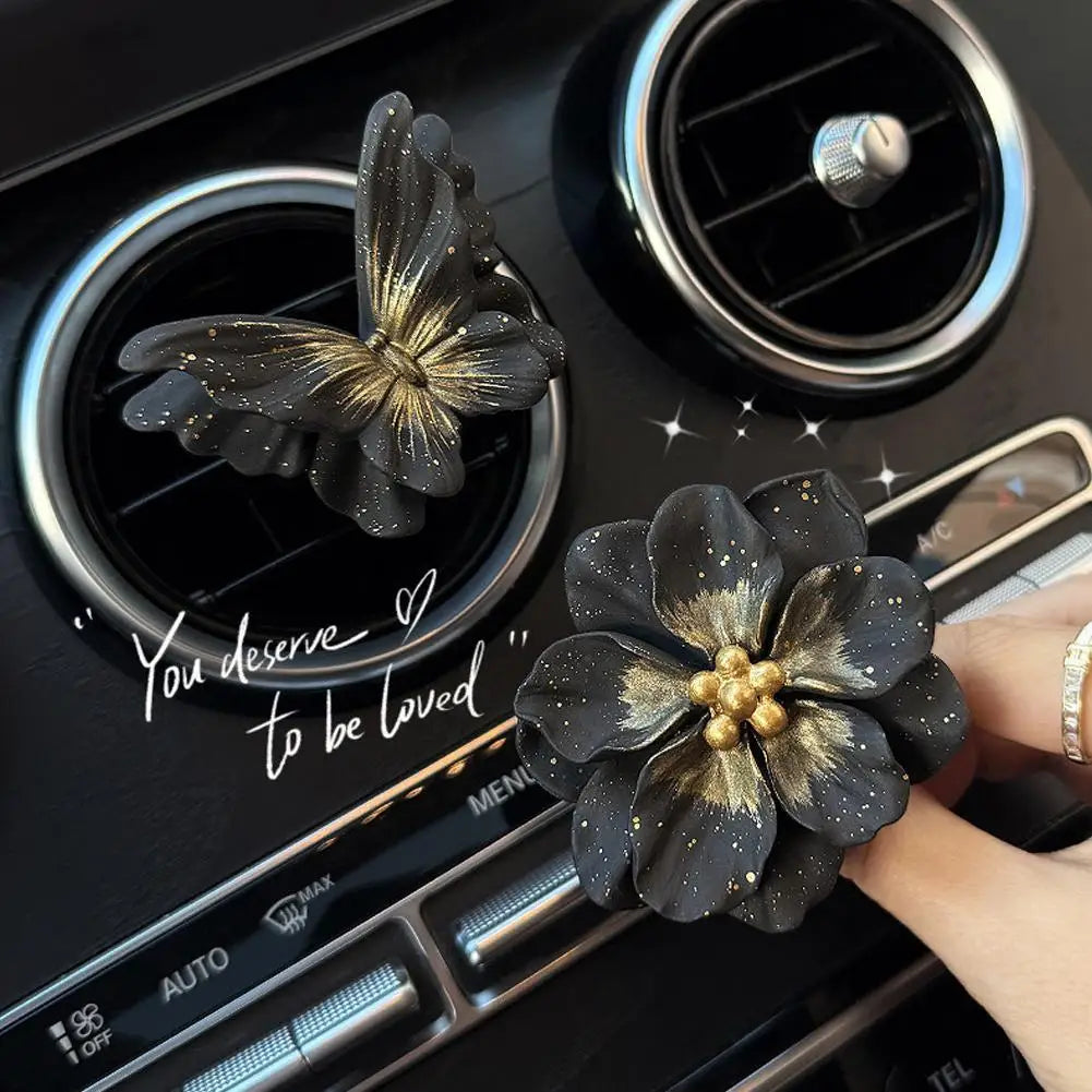 Car Interior Decor Ornament Luxury Elegant Black Gold Butterfly Camellia Air Vent Diffuser Stone Unique Aromatherapy Peaceful Pleasures Health and Wellness