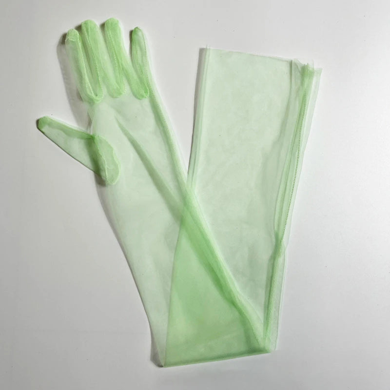 Women Ultra Tulle Gloves Mesh Sheers Full Finger Elbow Long Gloves Female Vintage Sunscreen Gloves Wedding Bride Dress Mittens Peaceful Pleasures Health and Wellness Fruit green One Size