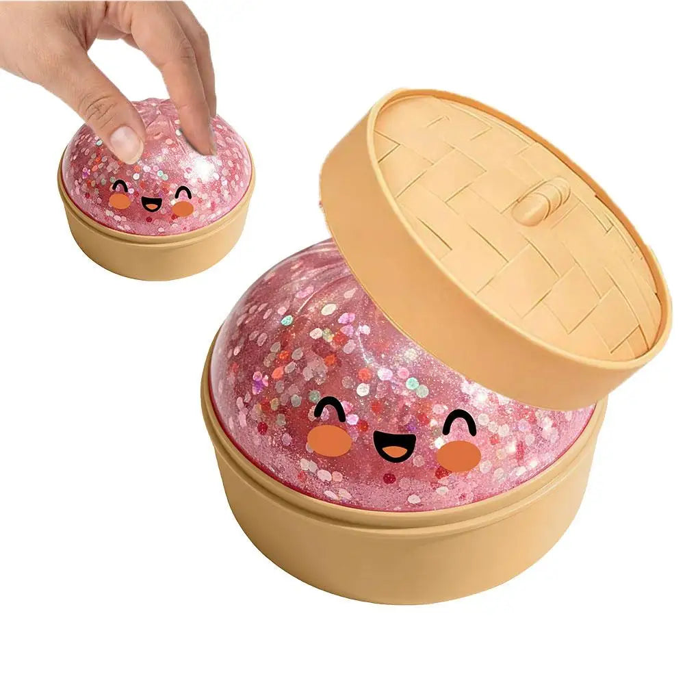 Colorful Dumpling Squeezable Toy Stress Relief Toy Squeezy Dough Ball with Steamer Stress Glitter Dumpling Squeeze Toy Peaceful Pleasures Health and Wellness A