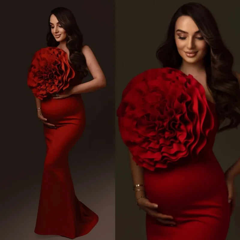 Red Maternity Photoshoot Dress - Stretch Polyester Bodycon Gown with Oversized Handmade Flowers - Baby Shower & Pregnancy Photo Peaceful Pleasures Health and Wellness