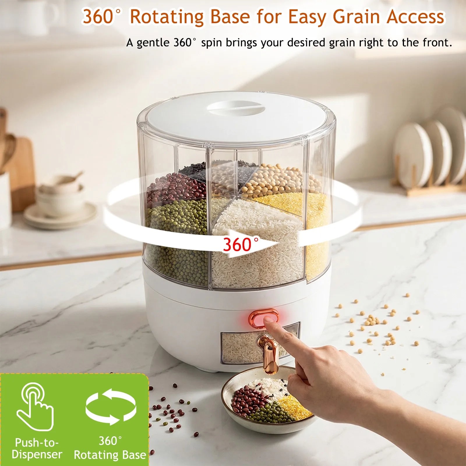 Rotating 6-Grid Rice Dispenser, Airtight Grain Storage Container Large Capacity Kitchen Food Canister for Cereal, Beans Peaceful Pleasures Health and Wellness