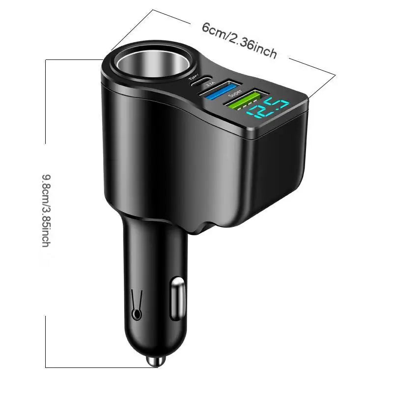 4-in-1 66W USB-C Car Charger with Digital Display & Splitter