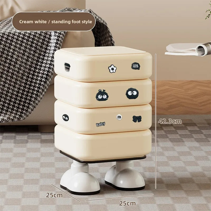 Cartoon Trash Bin with Lid Large Capacity Multi-Functional Mobile Wastebasket Modern Household Storage Organizer Wheels Peaceful Pleasures Health and Wellness White Stand Stickers
