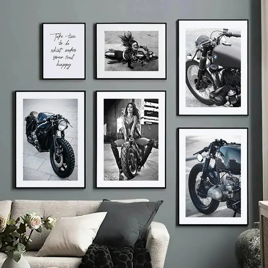 Black & White Motorcycle Canvas Wall Art | Modern Unframed Poster Canvas Wall Art Peaceful Pleasures Health and Wellness