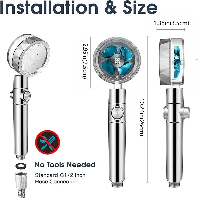 360 Degrees Rotation Turbo Fan Shower Head High Pressure Water Saving Spray Adjustable Showerhead Filters Bathroom Accessories Peaceful Pleasures Health and Wellness