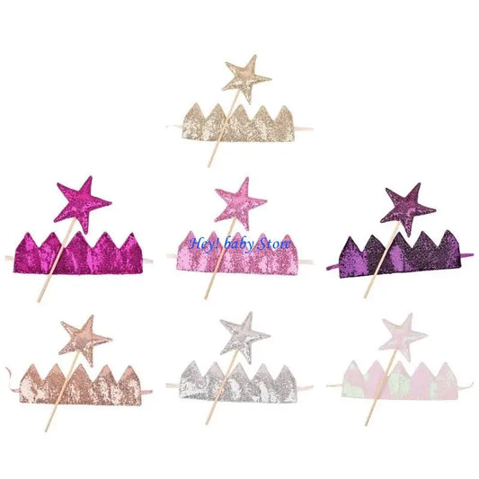 Baby Girl Glitter Crown Hairband & Fairy Star Wand Set | Photo Prop Baby Hair Accessory Set Peaceful Pleasures Health and Wellness