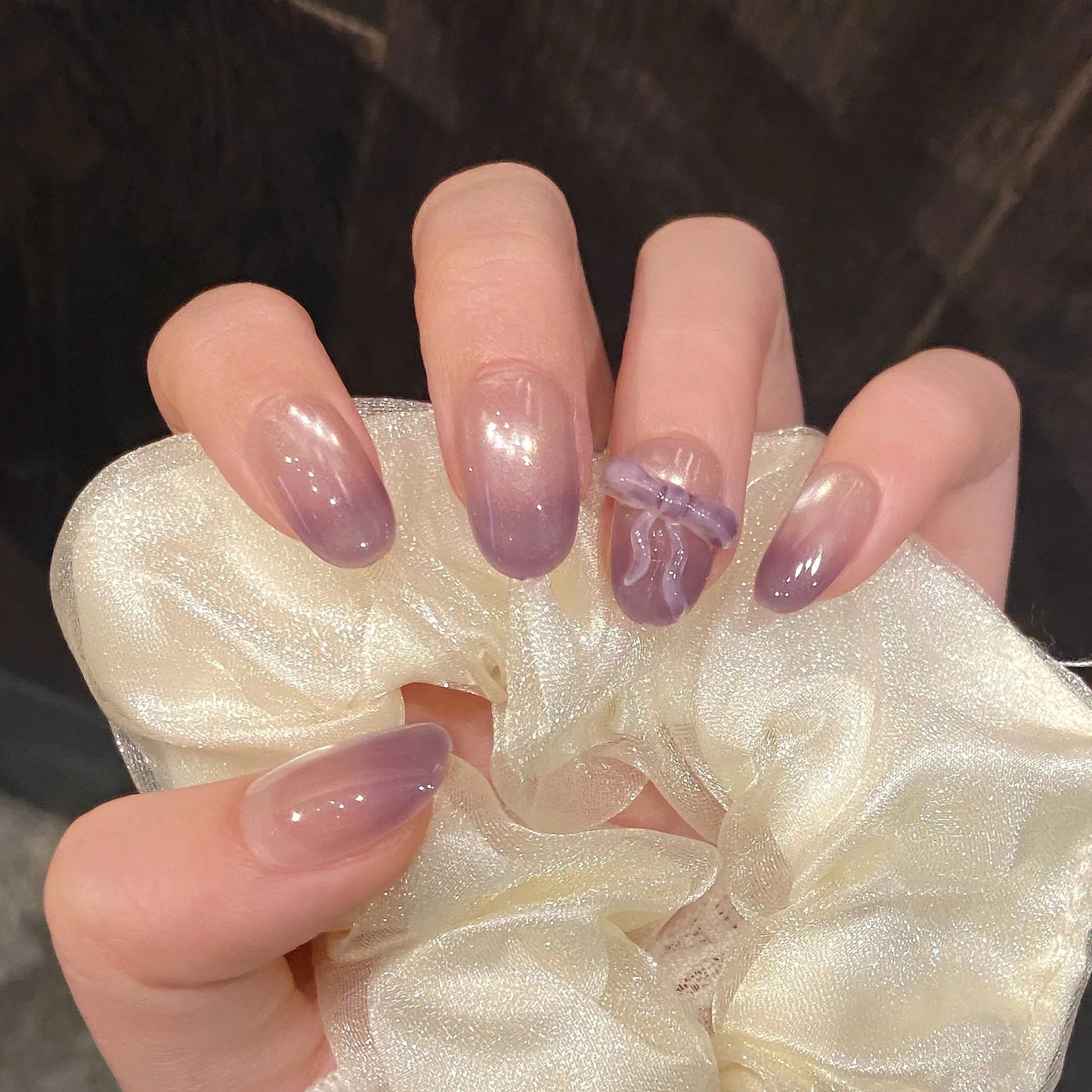 10pcs Handmade Purples French Press on Nails Sweet Korean Bow Fake Nails Full Cover Wearable Glitter Cat Eye False Nail Tips Peaceful Pleasures Health and Wellness L 1