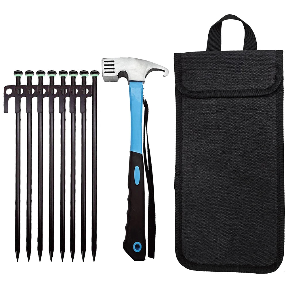 8-Piece Heavy Duty Forged Steel Tent Stakes with Hammer & Bag