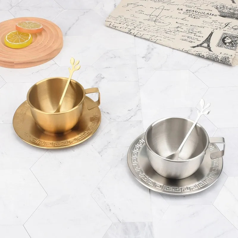 Hot 250ML Stainless Steel Small Cup with Handle Double Layer Hot Resistant Water Coffee Tea Cup Set with Plate and Spoon Cup Peaceful Pleasures Health and Wellness
