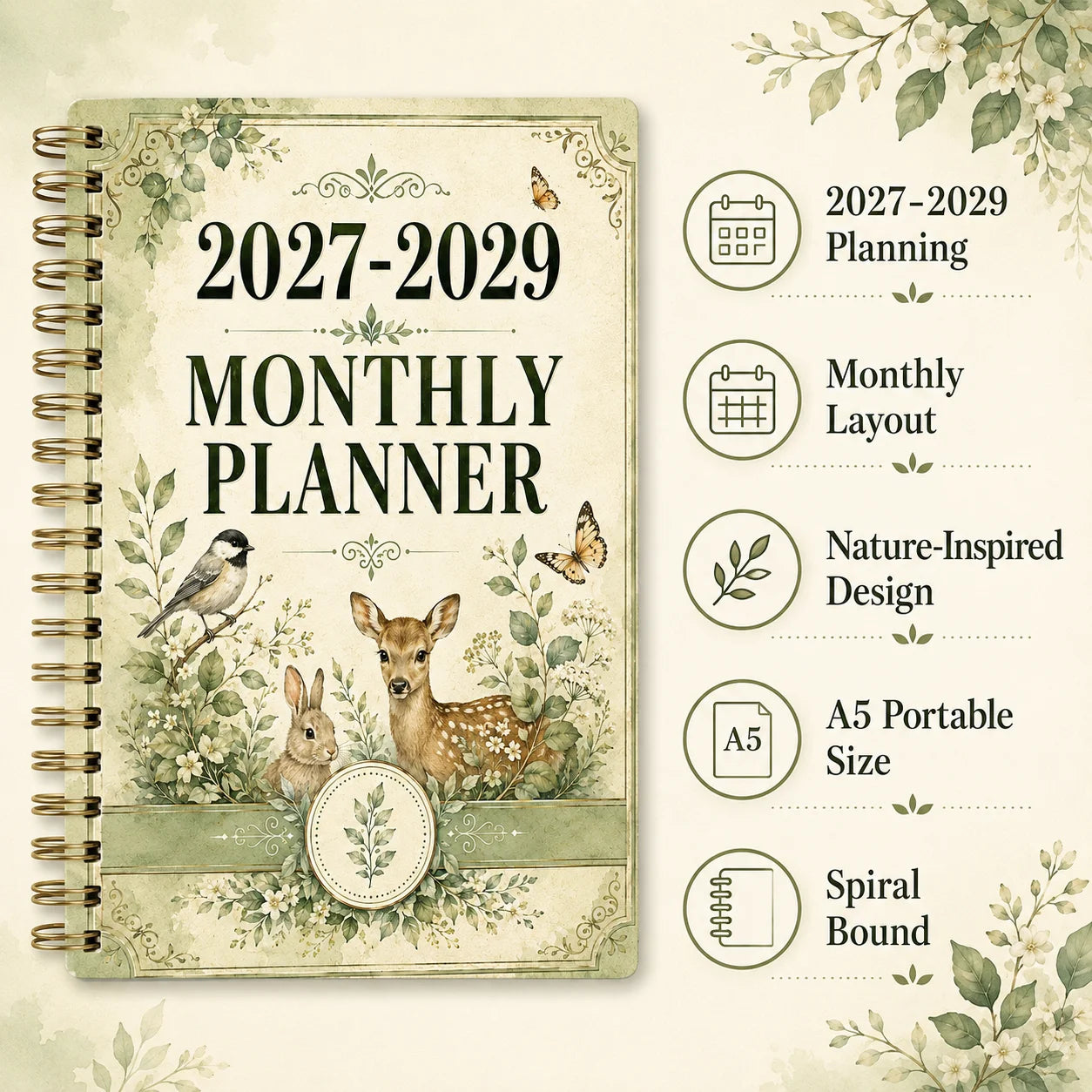 2027-2029 Forest Animal Wind Monthly Plan A5 Spiral Binding Schedule