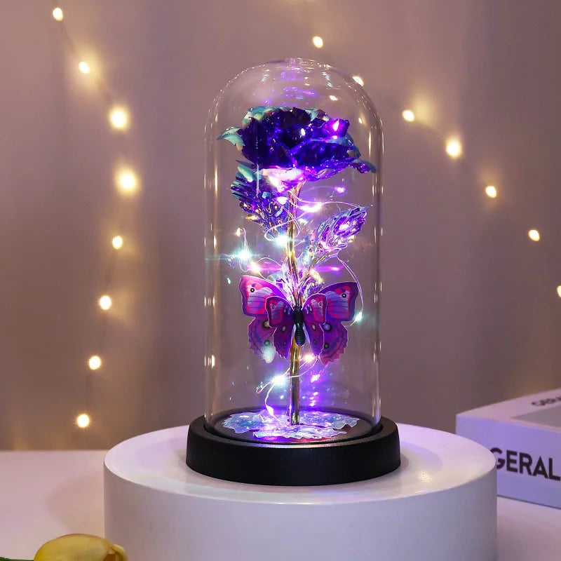 Glass Cover Rose Immortality Flower with Lamp Qixi Valentine's Day Gift Creative Decoration Decorations Peaceful Pleasures Health and Wellness D glass cover 11.5X23X9CM