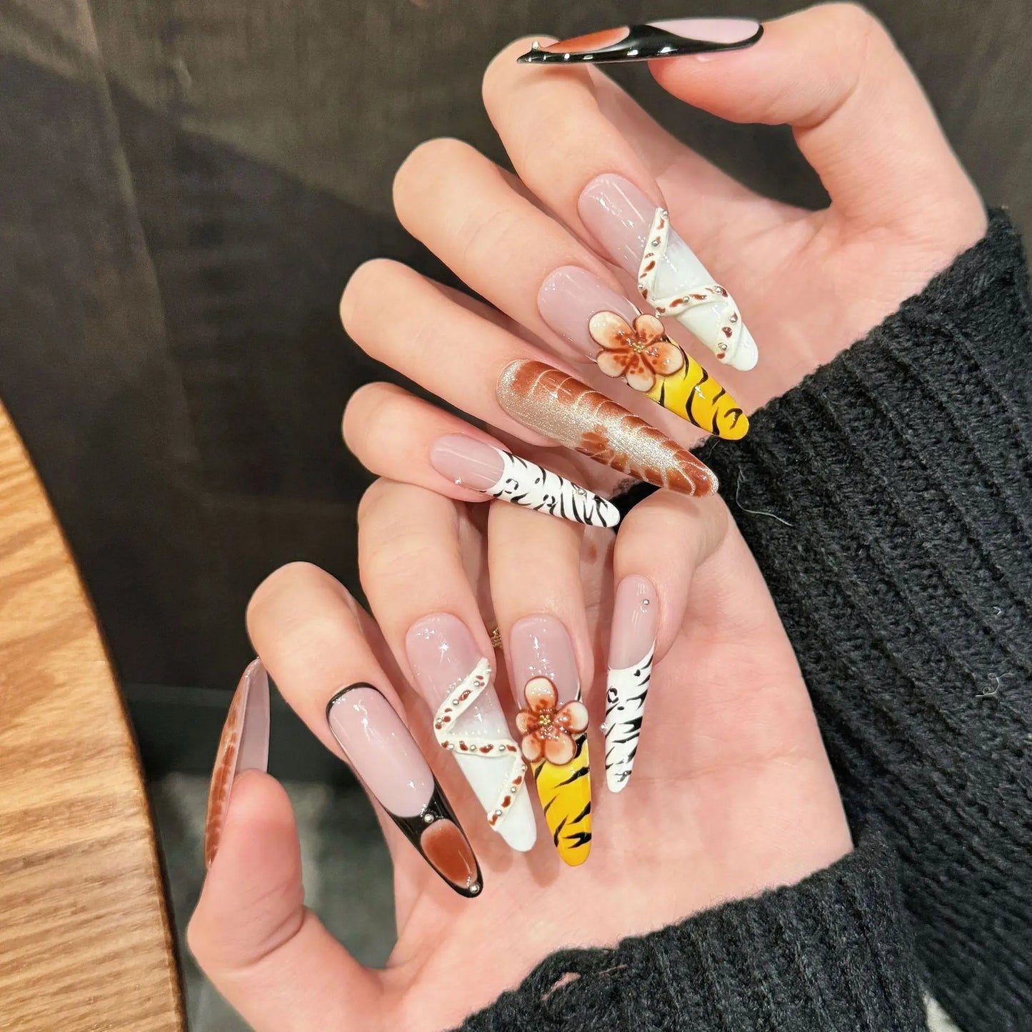 3D Press-On Nails Long Ballet Coffin | Handmade Floral Fake Nails
