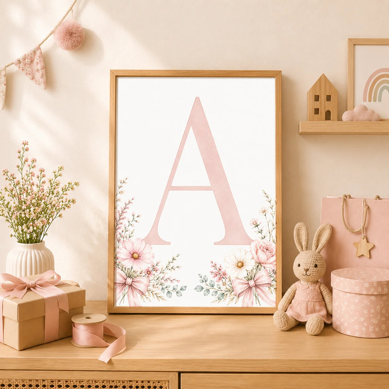 Floral Alphabet Wall Art Custom Letter Canvas Painting Pink Flower Poster Print Nursery Wall Decor Peaceful Pleasures Health and Wellness