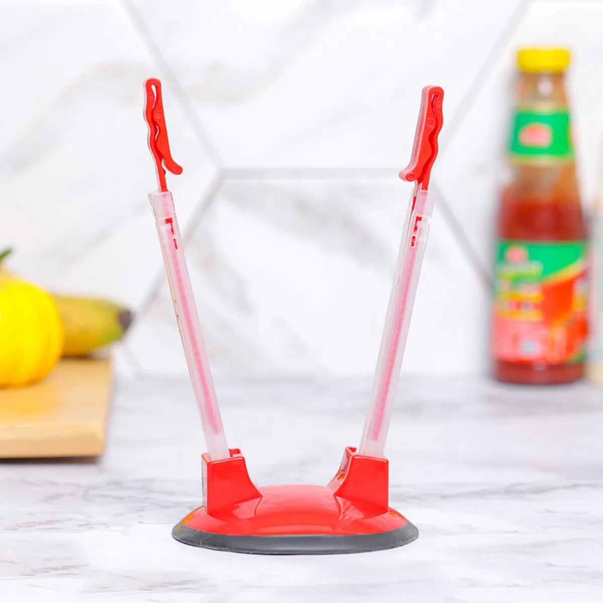 Household food storage bag holder, packaging bag opener, support stand Peaceful Pleasures Health and Wellness red