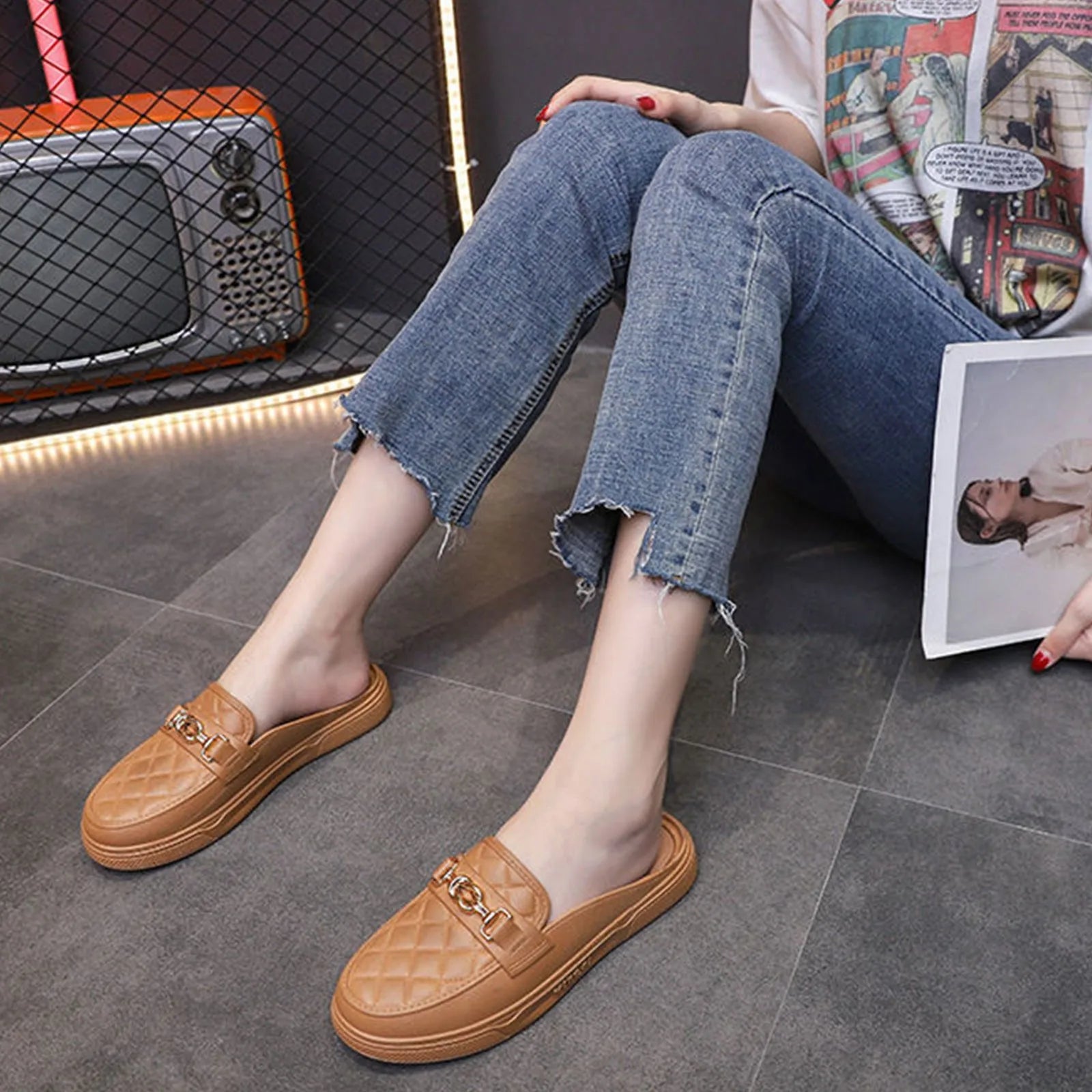 Summer New Style Women's Soft Bottom Anti-slip Versatile Outer Wear Beach Flat Bottom Lazy Person One Step Casual Half Slippers Peaceful Pleasures Health and Wellness