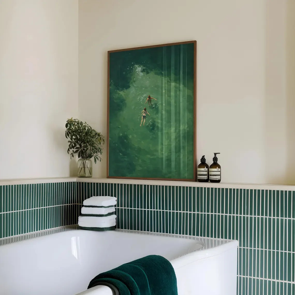 Swimming in Green Abstract Canvas Wall Art | Retro Minimalist Print