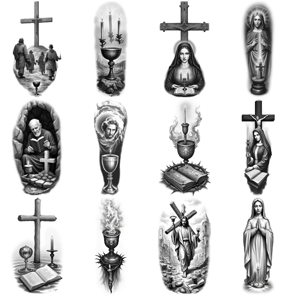 12pcs Spiritual Temporary Tattoos – Dove, Cross & Praying Woman