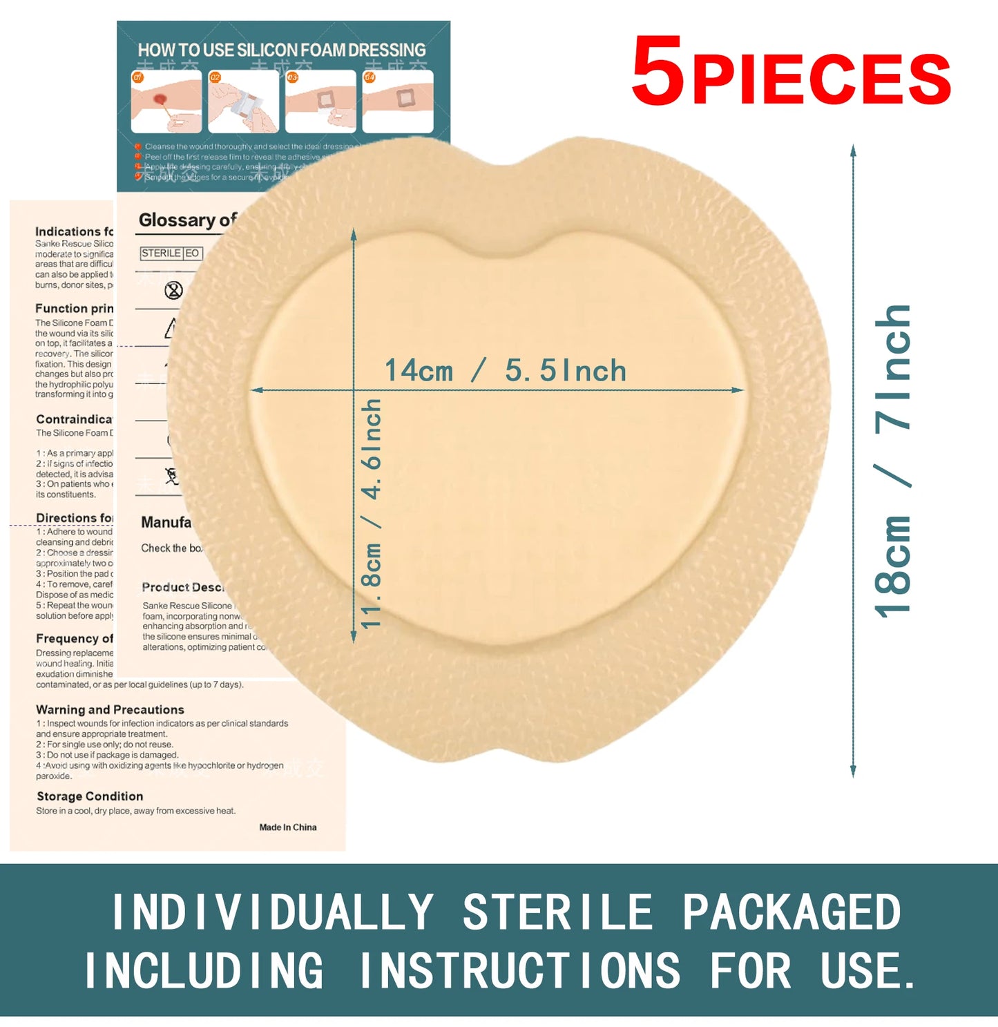 Silicone Foam Dressing Gentle Border Waterproof Silicone Bandages Wounds Care Bed Sore Patches Absorbent Wound Self Adhesive Peaceful Pleasures Health and Wellness 5PCS 18X18cm