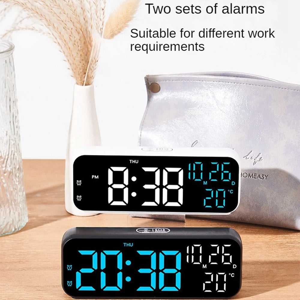 Digital Alarm Clock Temperature and Date Week Display Night Mode Table Clock Voice Control 12/24H Electronic LED Alarm Clocks Peaceful Pleasures Health and Wellness
