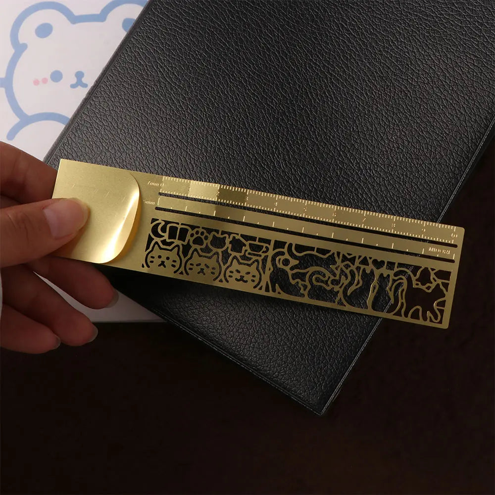 Double-Sided Cat Pattern Ruler Precision Educational Cat Template Ruler Kawaii Stationery Tool Metal Bookmark Painting Drawing Peaceful Pleasures Health and Wellness