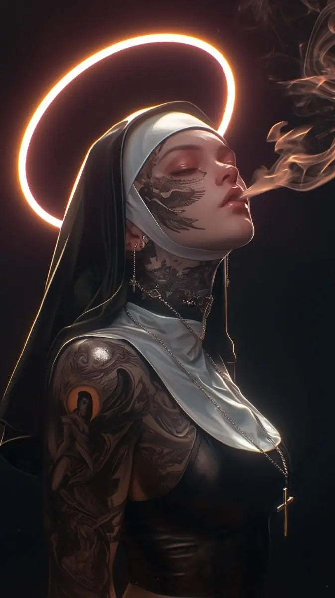 Smoking Nun Canvas Print Sexy Tattoo Machine Gun Nun Christian Wall Art Home Decor Peaceful Pleasures Health and Wellness 4 20x30cm Unframed