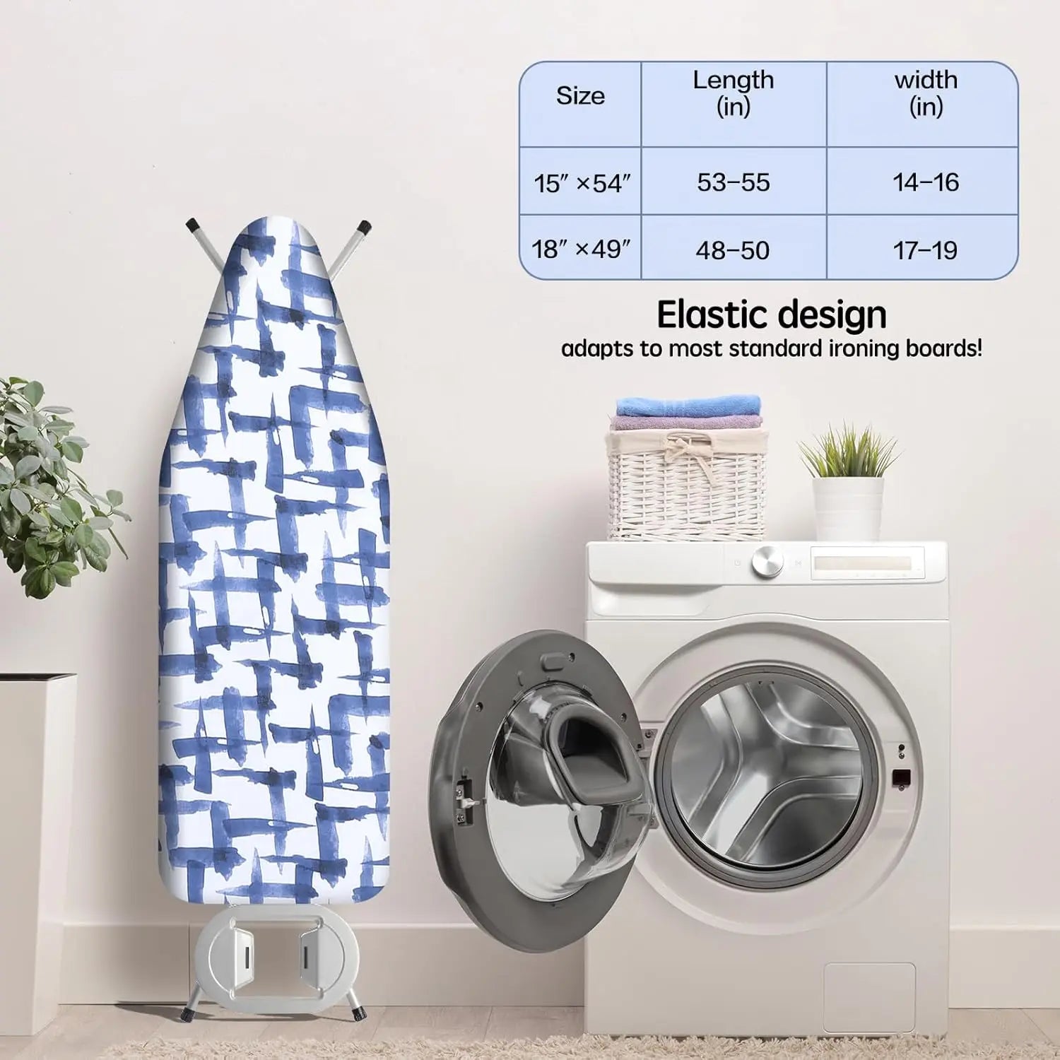 Ironing board with blue pattern next to a washing machine, showing size chart and elastic design details.
