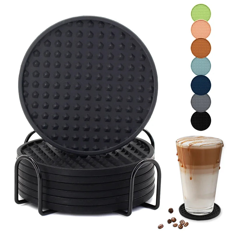 6-Piece Silicone Coaster Set with Storage Holder – Heat-Resistant Round Cup Mats, 10cm