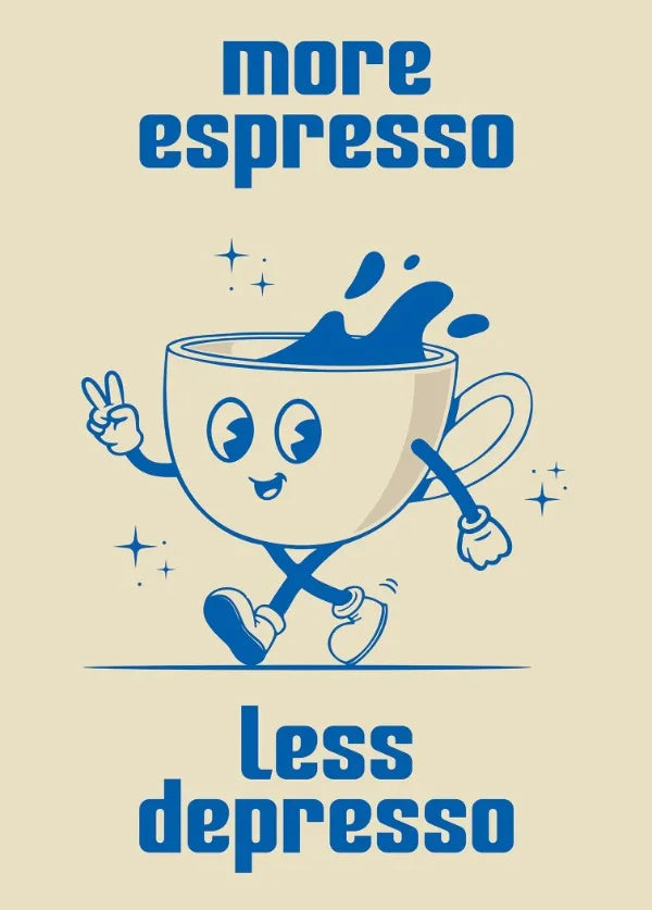 Retro Kitchen Food Cartoon Poster Character Coffee More Espresso Less Depresso Quotes Poster Wall Canvas Painting Room Decor Peaceful Pleasures Health and Wellness CJ50554 40x60cm Unframed