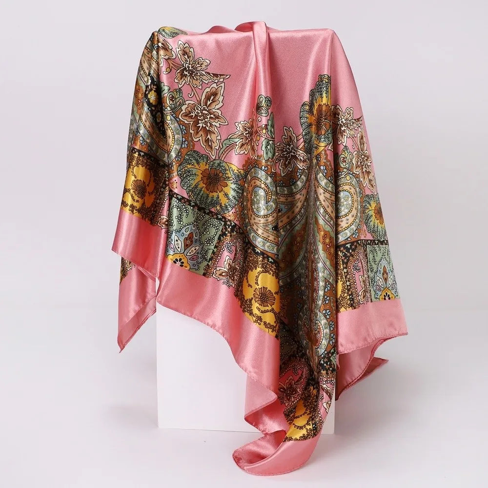 90x90cm Satin Square Scarf – Bohemian Floral Hair Wrap & Shawl