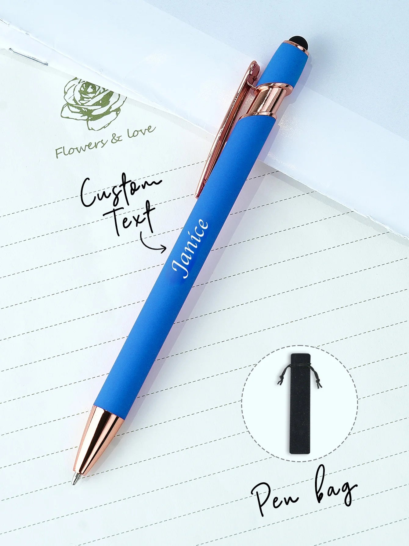 Custom Name Ballpoint Pen Personalized Engraved Stylus Soft Touch 10 Colors Gift For Coupes Teacher Student Back To School Peaceful Pleasures Health and Wellness Royal Blue One Size