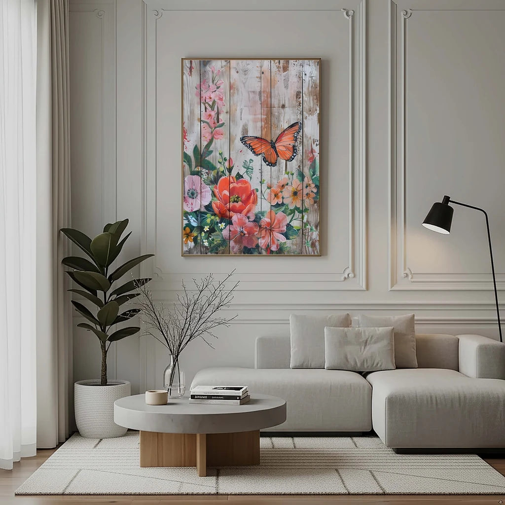 Nordic Wall Art Butterfly & Flowers on Wooden Plank Canvas Painting Nordic Style Poster Prints Bedroom Living Room Wall Decor Peaceful Pleasures Health and Wellness
