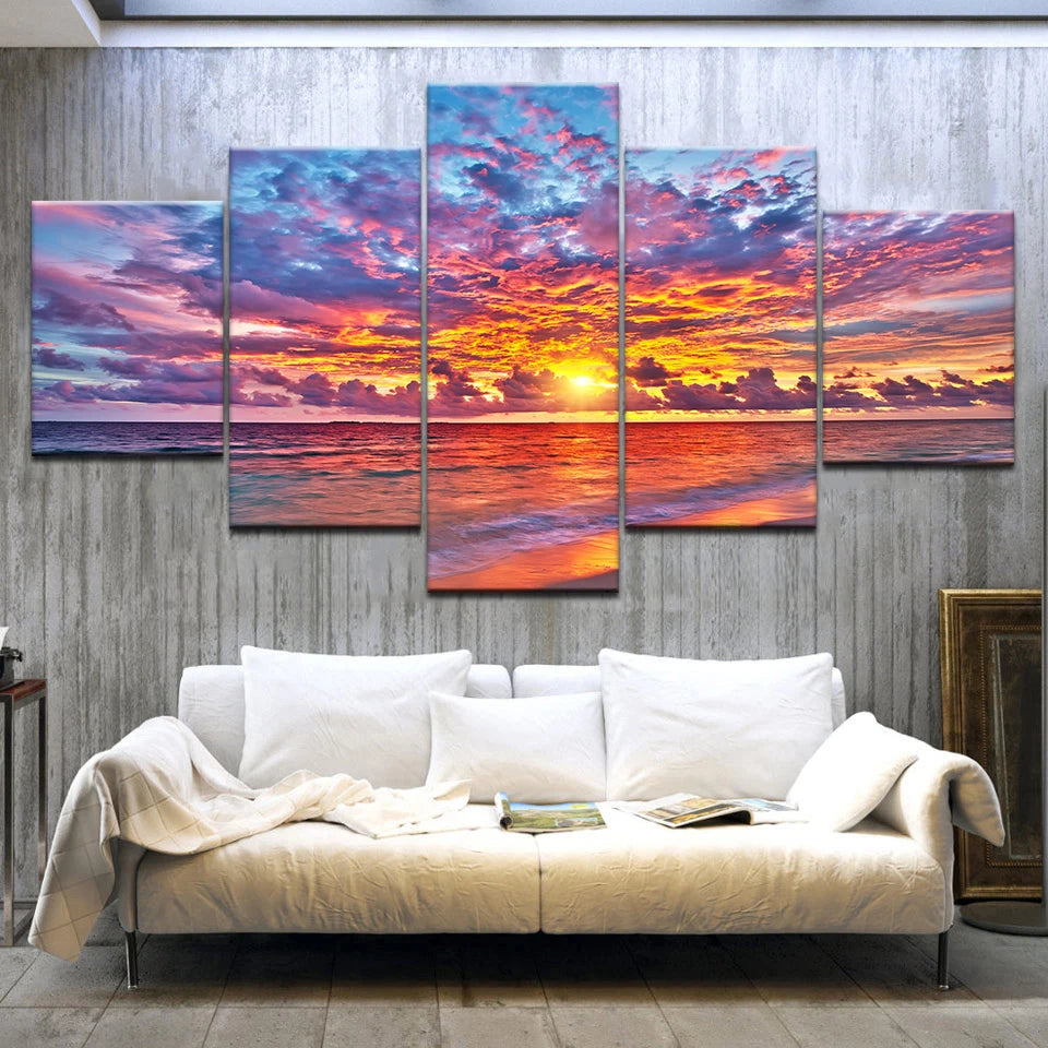 5pcs Cleopatra Ocean Canvas Painting Wall Art Orange Sky Ocean Beach Multi Turkey Sand Beach Sunrise Wall Decor No Frame Peaceful Pleasures Health and Wellness 5pcs 11 30x40-30x60-30x80cm