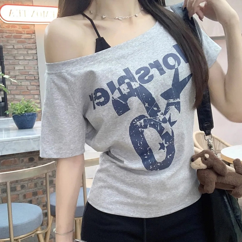 Y2K Off Shoulder Crop Top – Letter Print Skew Collar Women's Tee