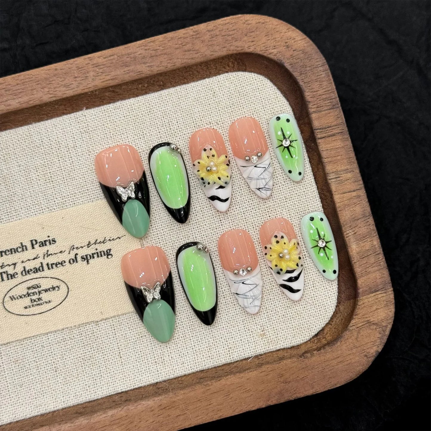 Handmade Press On Nails – 3D Flowers Cat's Eye Long False Tips Press On Nails Peaceful Pleasures Health and Wellness L