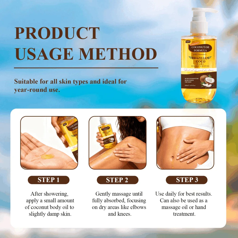Brazilian Organic Coconut Firming Body Oil Long Lasting Moisturizing and Hydrating with Natural Vanilla Extract Body Skincare Peaceful Pleasures Health and Wellness