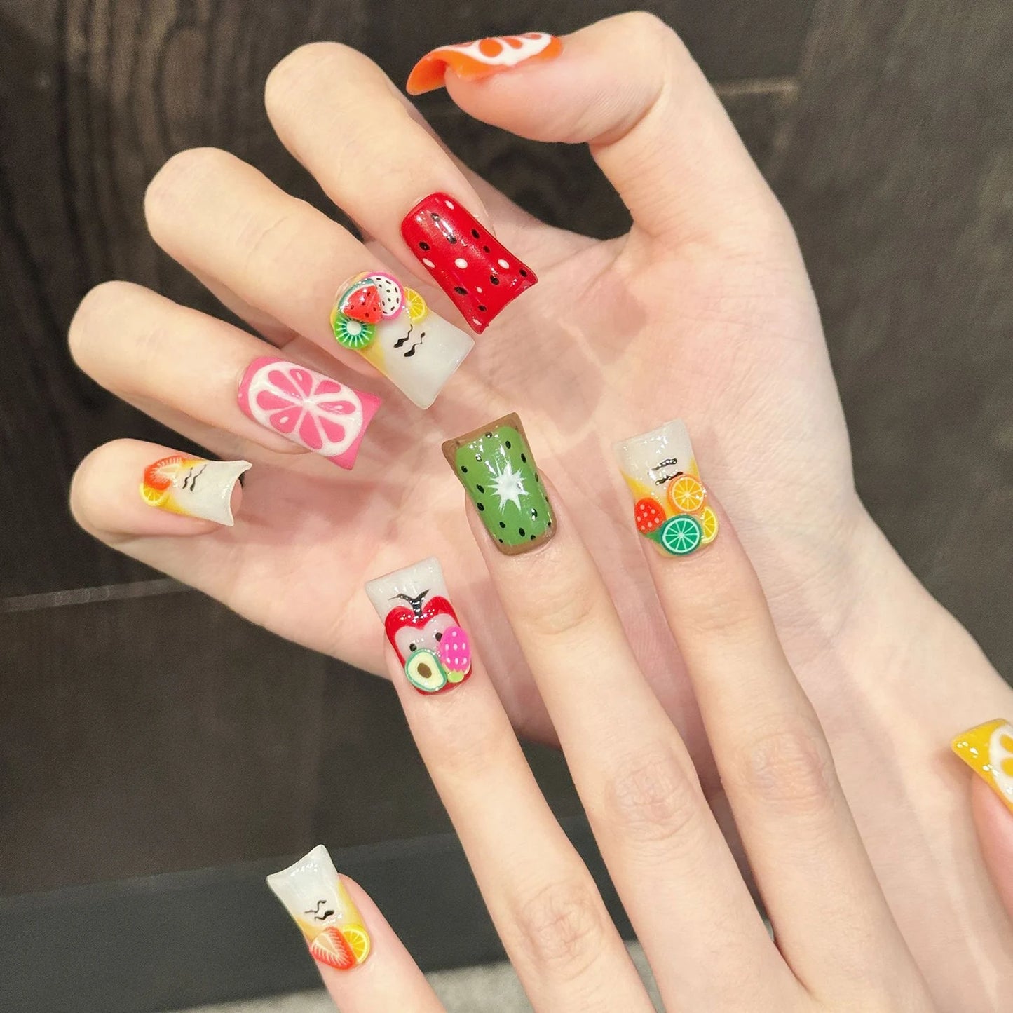 Y2k Handmade Press On Nails Hand-painted Fruit Graffiti Fake Nails With Decor Wearable Short Duckbill Dopamine Manicure Nail Art Peaceful Pleasures Health and Wellness S