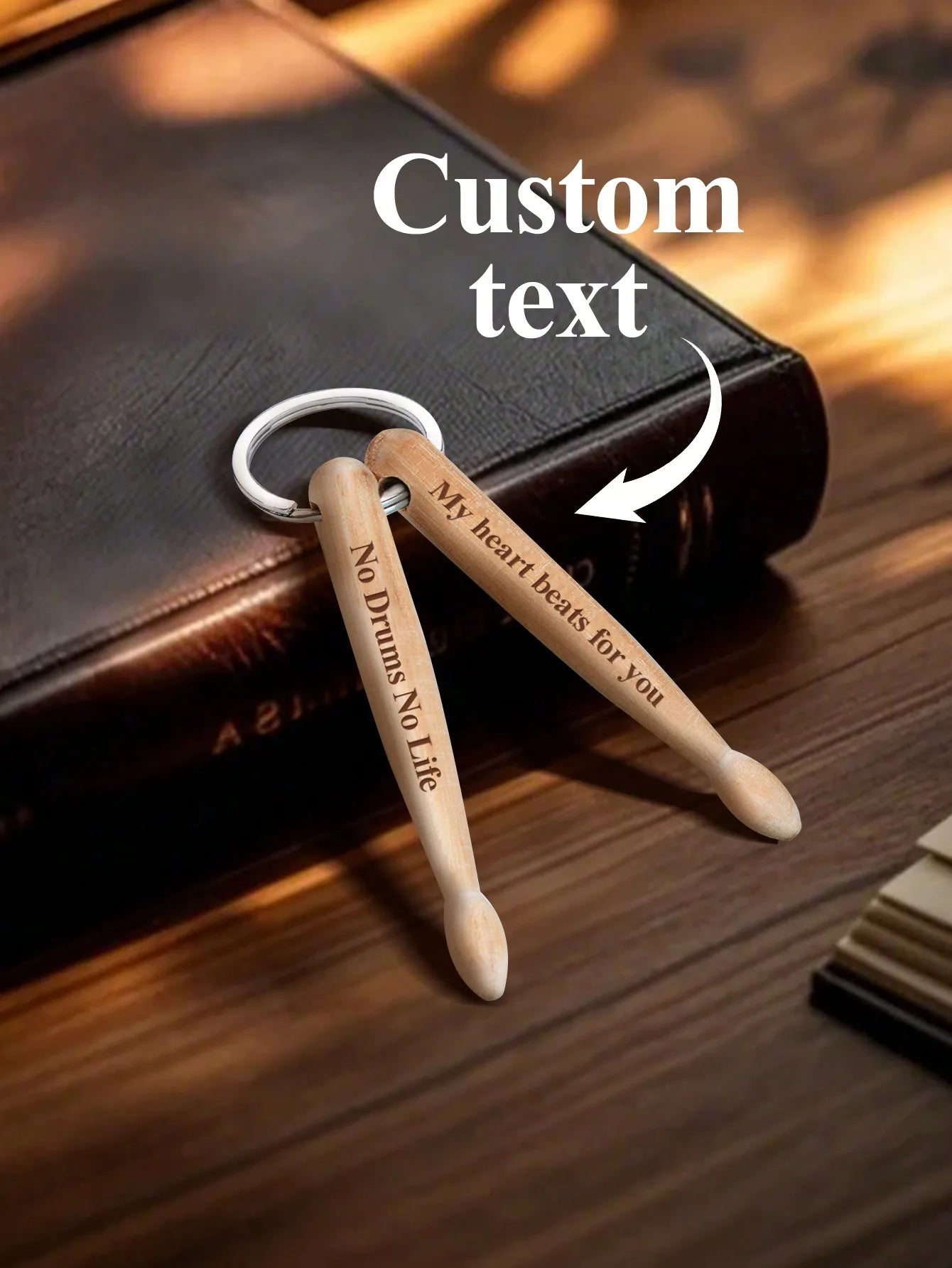 Custom Wooden Drumstick Keychain Personalized Engraved Keyring Gift for Drummers Couples Friends Birthday Anniversary Valentine Peaceful Pleasures Health and Wellness