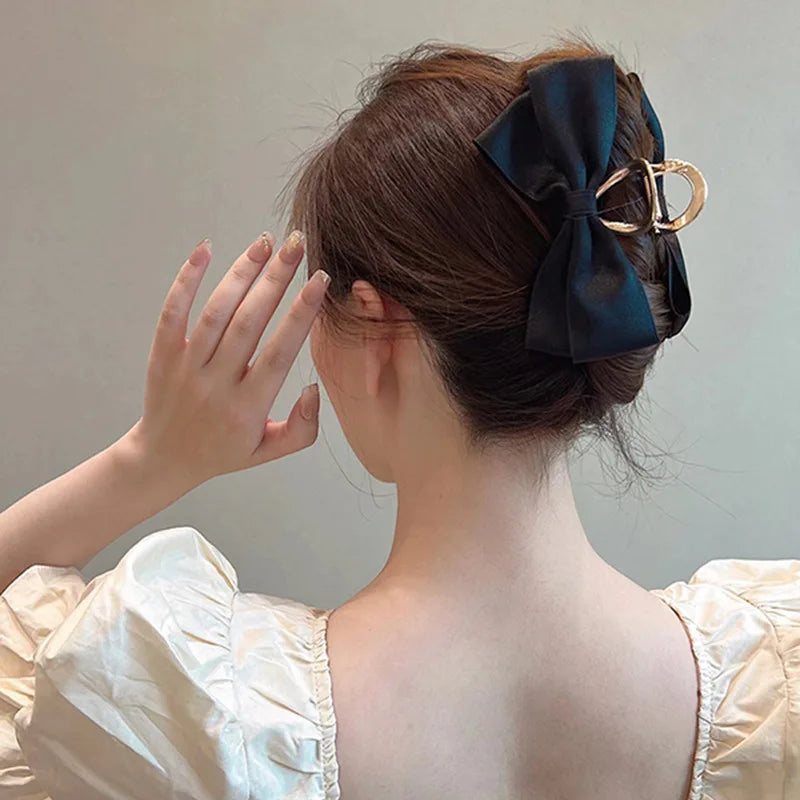Black Satin Bow Clip WOMEN'S Summer Headwear Simple Temperament Hair