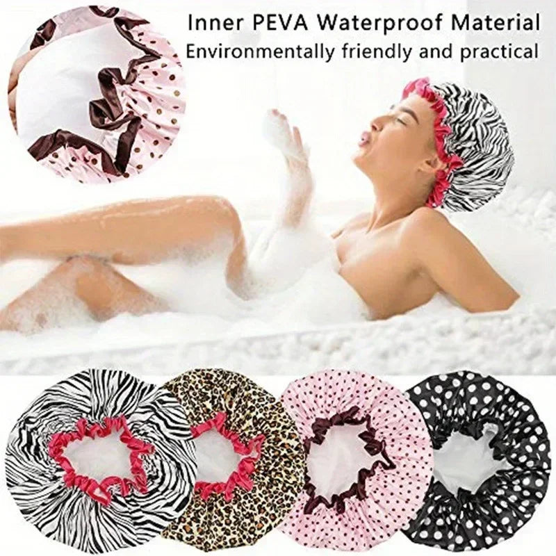 Waterproof Double Layer Shower Cap – Leopard & Polka Dot