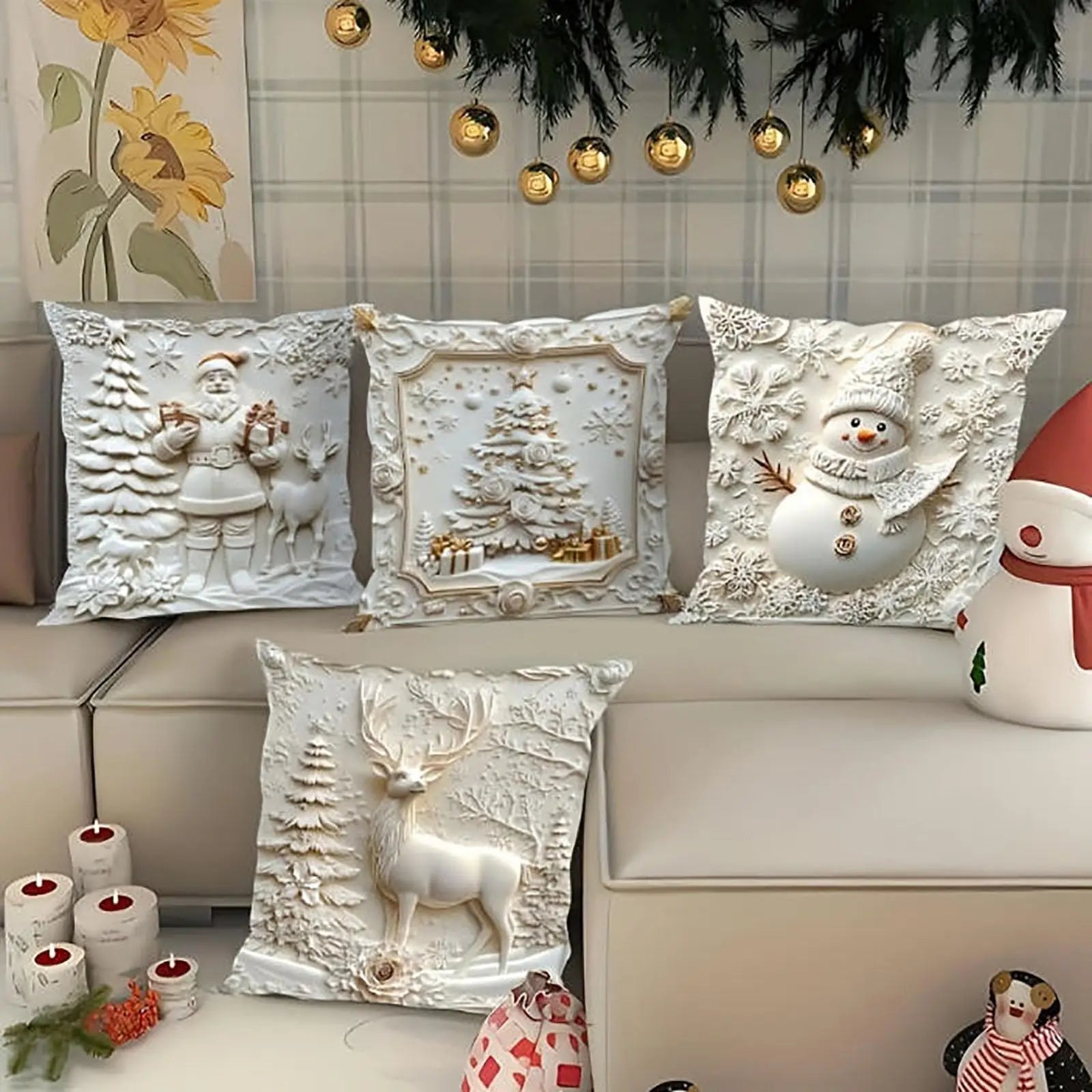 Christmas Theme Pillow Cover White Print With Christmas Style Pattern Holiday Decor For Winter Home Warm Decorations Peaceful Pleasures Health and Wellness
