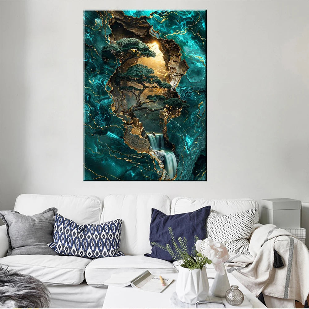 Golden Bonsai Waterfall Canvas Wall Art | Nature Forest Print