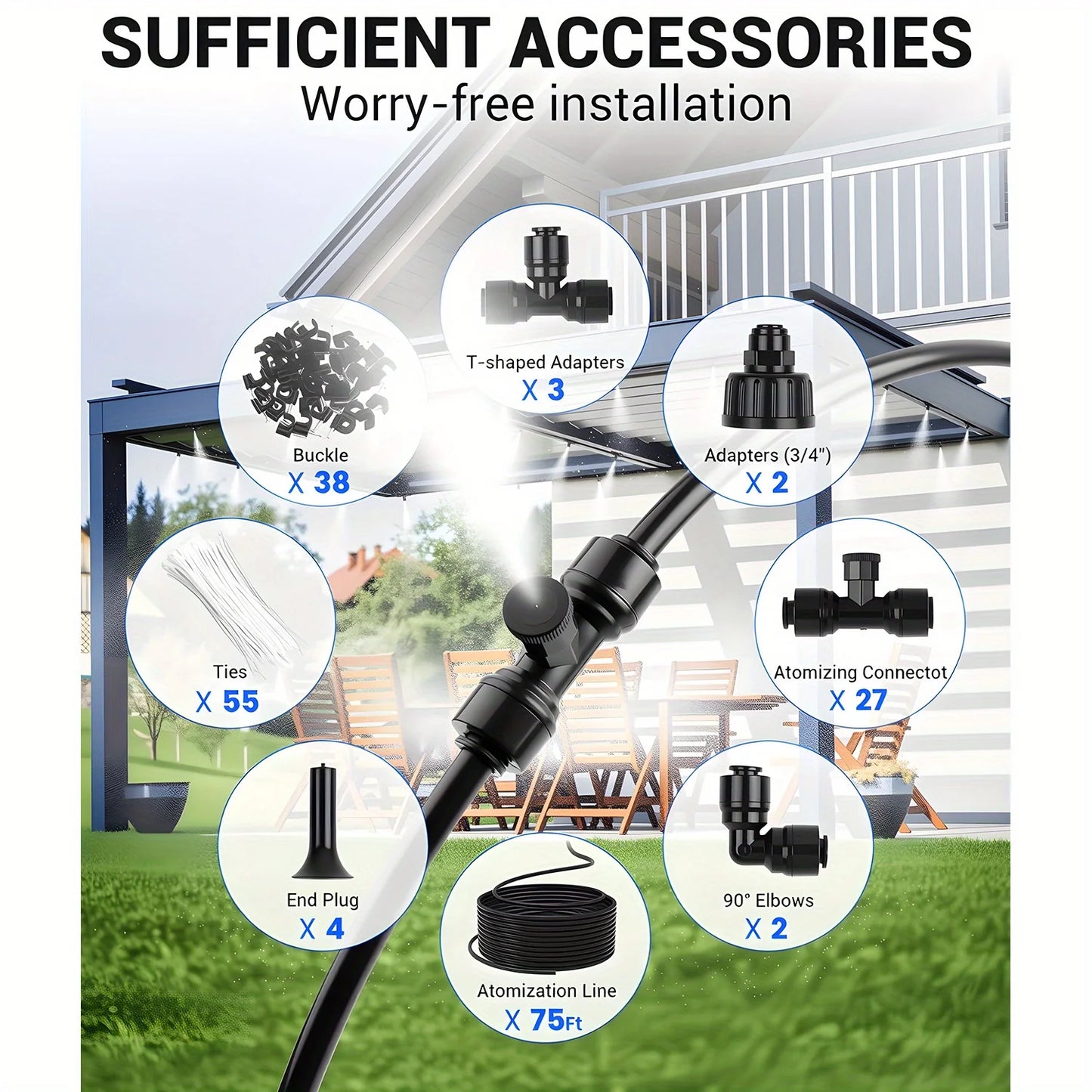 60FT Misters for Outside Patio Misters for Cooling (22 Mist Nozzles) Outdoor Water Patio Hose Greenhouse Mister System Outside Peaceful Pleasures Health and Wellness 75FT