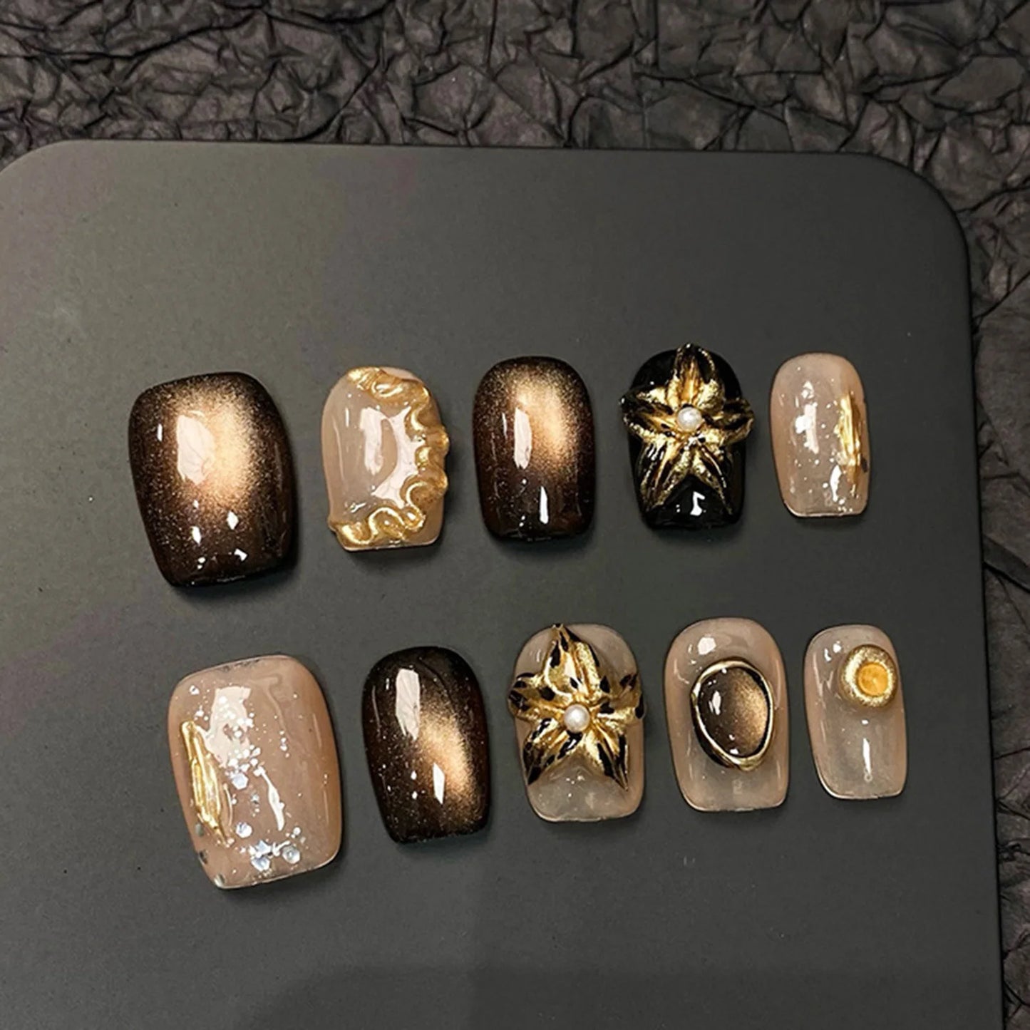 10pcs Handmade Press On Nails Cute Starfish Cat's Eye Aurora Fake Nail Tips Wearable Fantasy Mermaid Short Square False Nails Peaceful Pleasures Health and Wellness