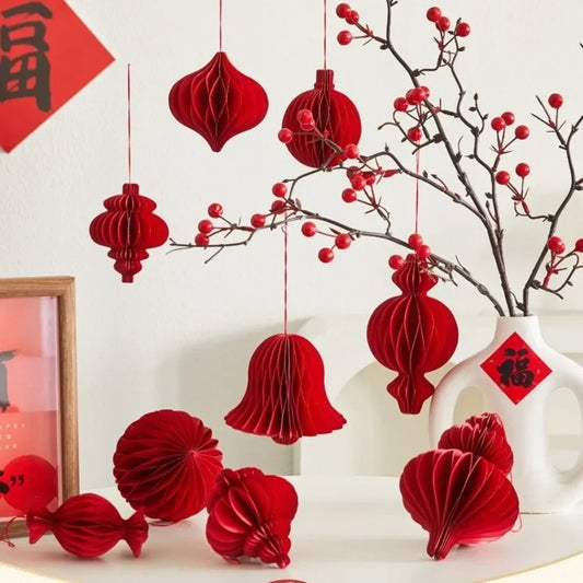 Red Honeycomb Paper Hanging Decoration with Tassel | New Year Holiday Hanging Decoration Oasis Select