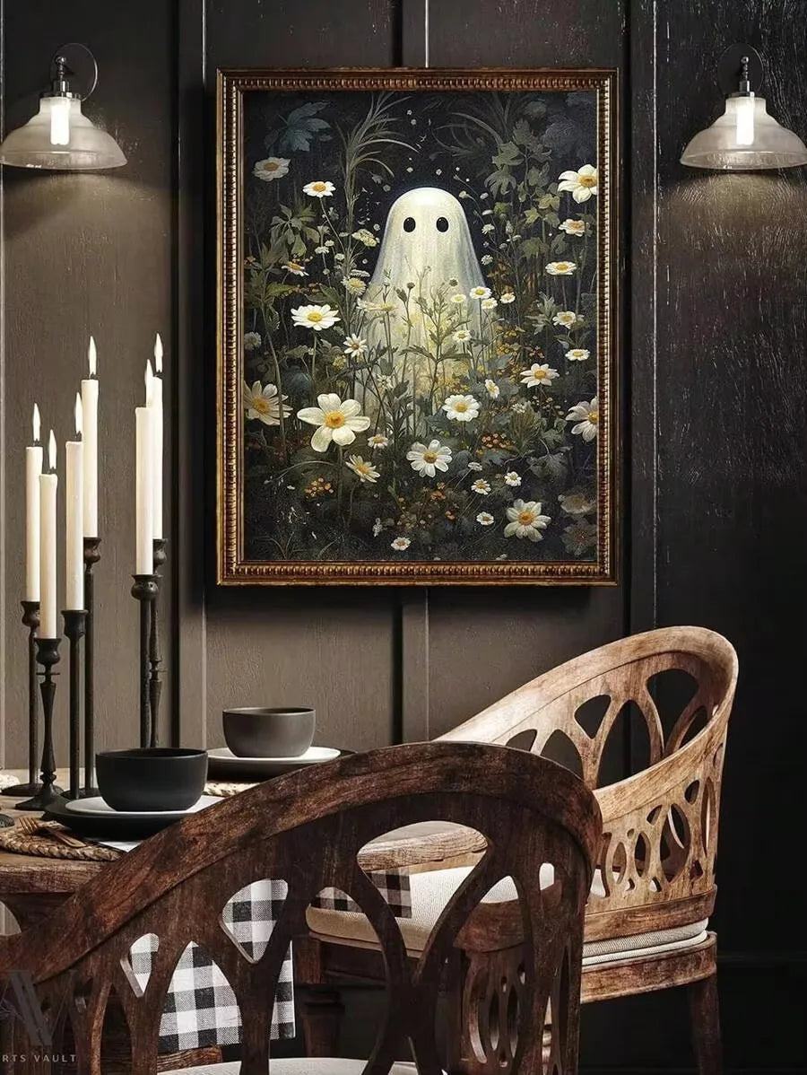 Retro Cute Ghost Companion & Reads Book Canvas Prints Monster Holds Black Cat Wall Art Poster for Living Room Halloween Decor Peaceful Pleasures Health and Wellness ZLH5080 40x50cm No Frame