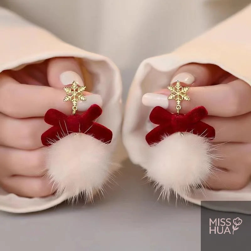 Pompom Bowknot Plush Drop Earrings | Christmas & New Year Gift