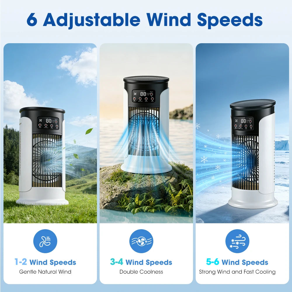 3 in 1 Portable Air Cooler with Humidifier 6 Wind Speed Fast Cooling Air Conditioner Misting Fan for Home Office Kitchen Desktop Peaceful Pleasures Health and Wellness